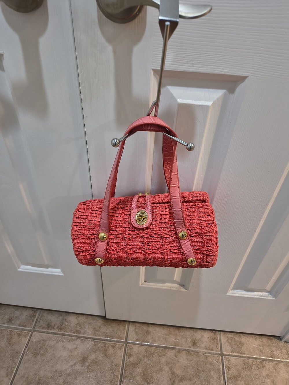 Pink Woven Barrel Handbag with Gold Hardware